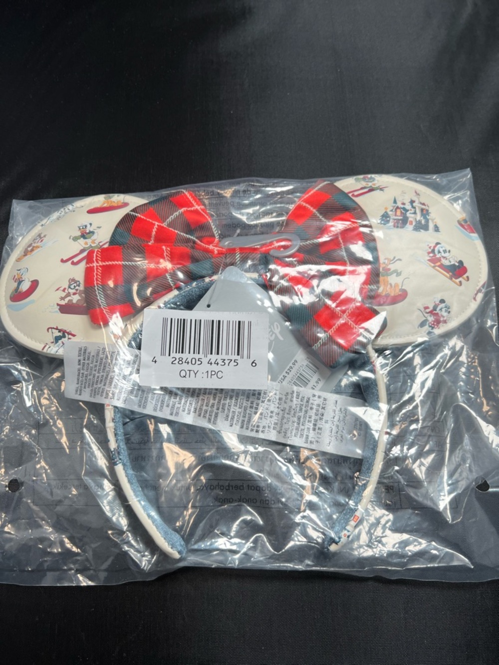 Disney Parks Holiday Minnie Mouse Ears Headband Plaid Bow Winter Print NWT